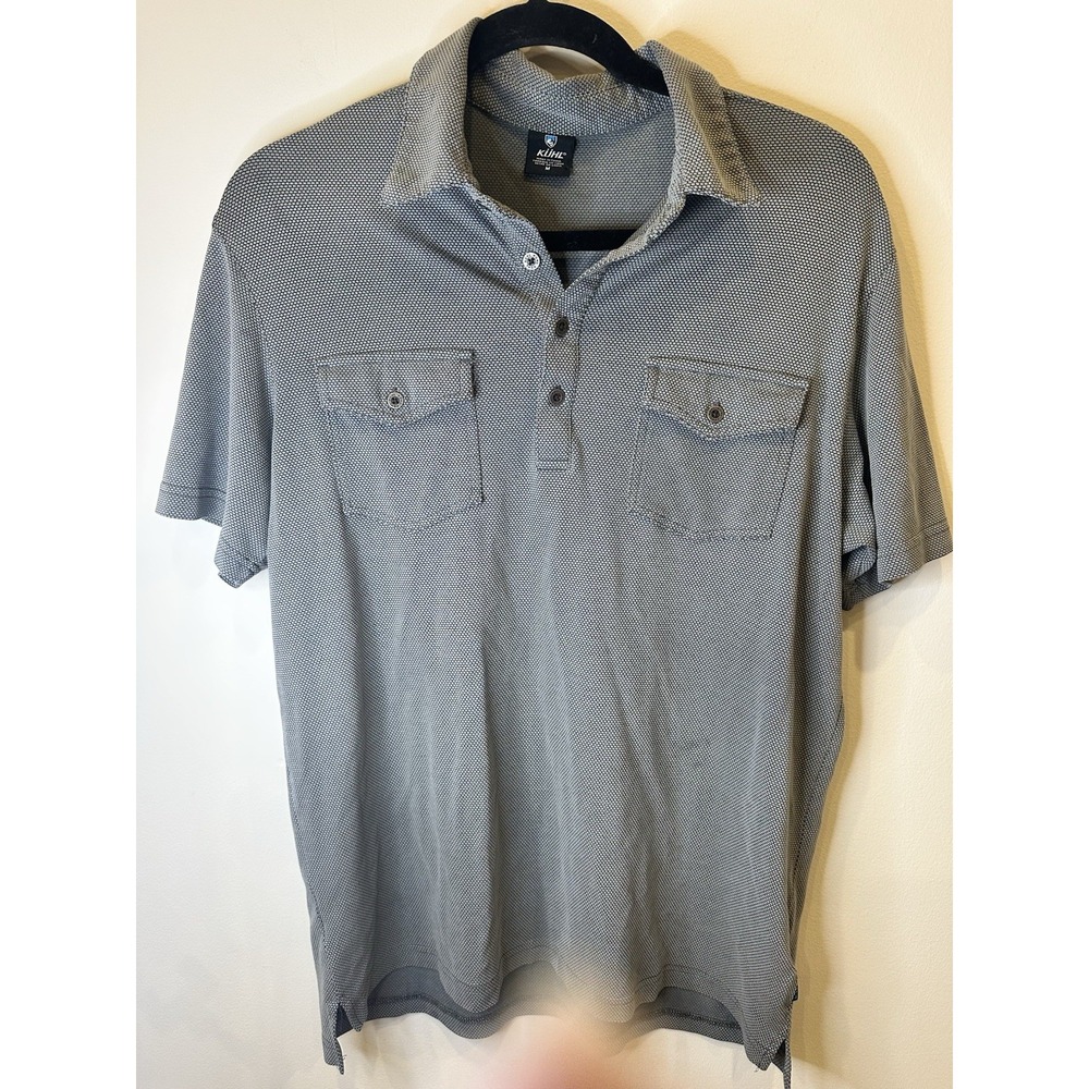 KUHL Men's Polo Shirt Medium Gray Snap Button Performance Outdoor Travel‎ Casual